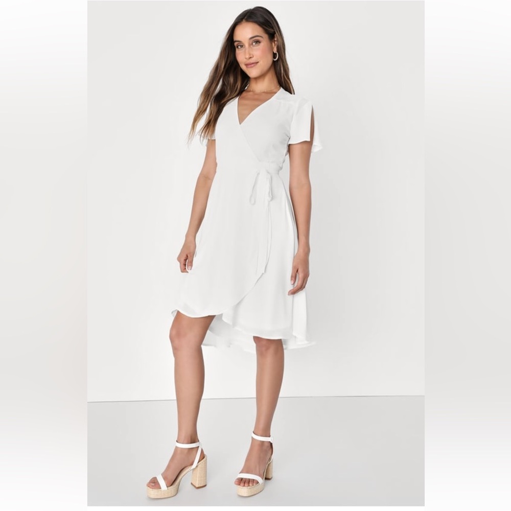 Lulus Rise to the Occasion White Midi Wrap Dress